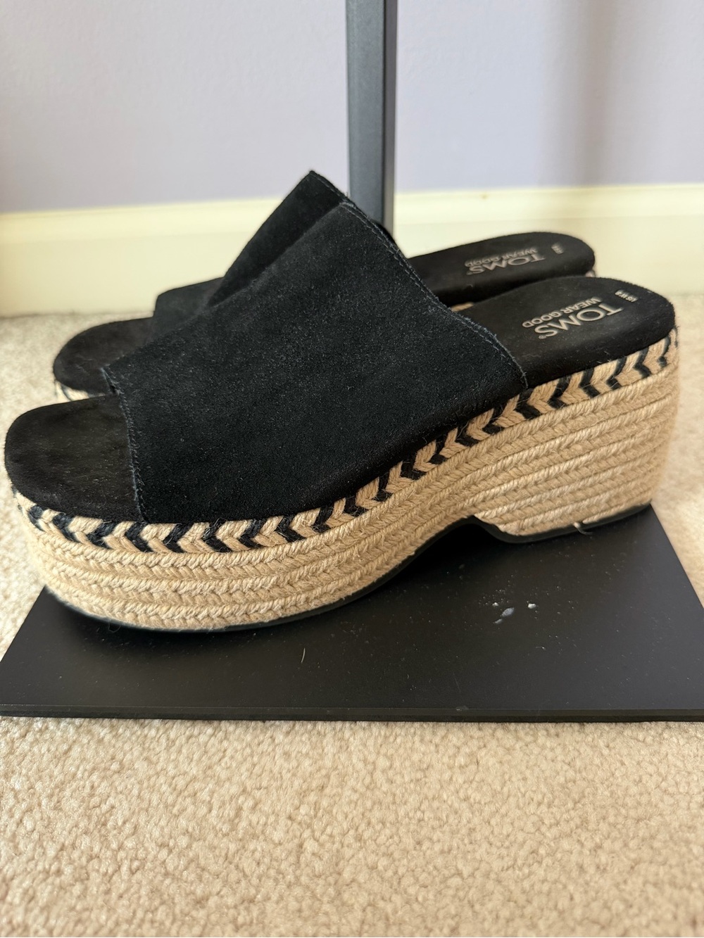 Toms Black Suede Espadrille Platform Mules